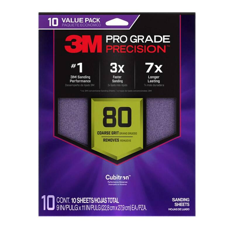 Hoja de lijado 3M Pro Grade Precision de 9 pulgadas x 11 pulgadas, grano 80, más rápido con respaldo de agarre antideslizante (paquete de 10) - SHR80-PGP-10T