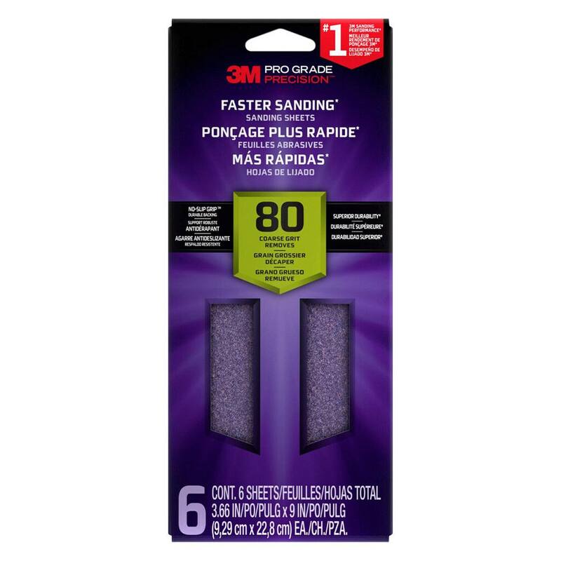 Hoja de lija 3M Pro Grade Precision 3 2/3 pulg. x 9 pulg. Grano grueso 80 para lijado rápido con respaldo con agarre antideslizante (6 hojas/paquete) - SHTR80-PGP-6T