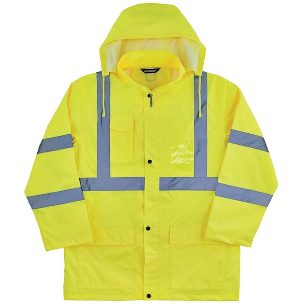 Ergodyne Hi-Vis Rain Jacket, Polyurethane, 150D Oxford Polyester, Class 3 Type R, Lime, M - 8366
