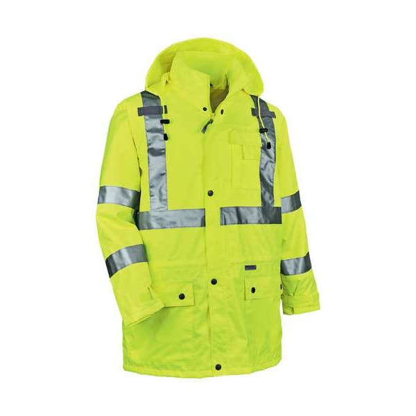 Ergodyne Rain Jacket with Hood, Polyester, Class 3 Type R, Yellow/Green, M - 8365