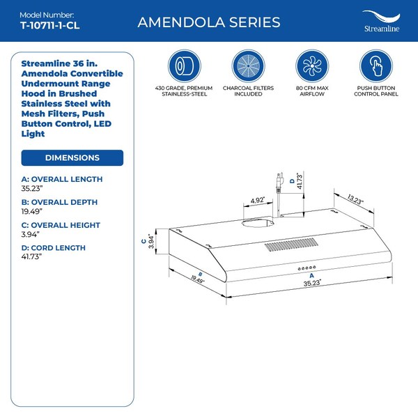 Streamline 36 in. Amendola Convertible Undermount 80 CFM Range Hood in Brushed Stainless Steel - T-10711-1-CL