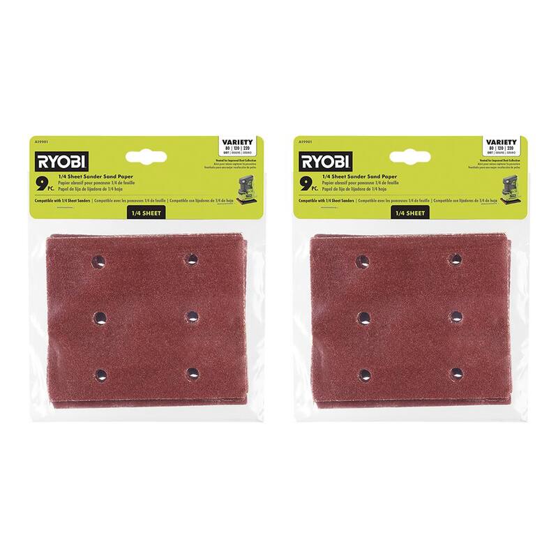 RYOBI Conjunto de surtido de papel de lija de 1/4 de hoja de 18 piezas - 80, 120 y 220 granos - A19901-2