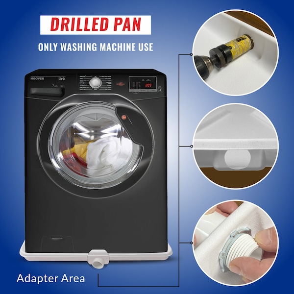 American Built Pro Washing Machine Pan, 30 in x 28 in, Durable HDPE Plastic, White, Predrilled w Drain Hose Adapter - WMSP-1DRL