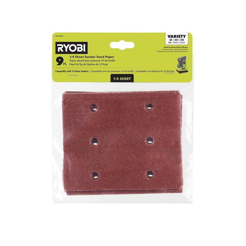 Juego de surtido de papel de lija de 1/4 de hoja de 9 piezas RYOBI - 80, 120 y 220 granos - A19901