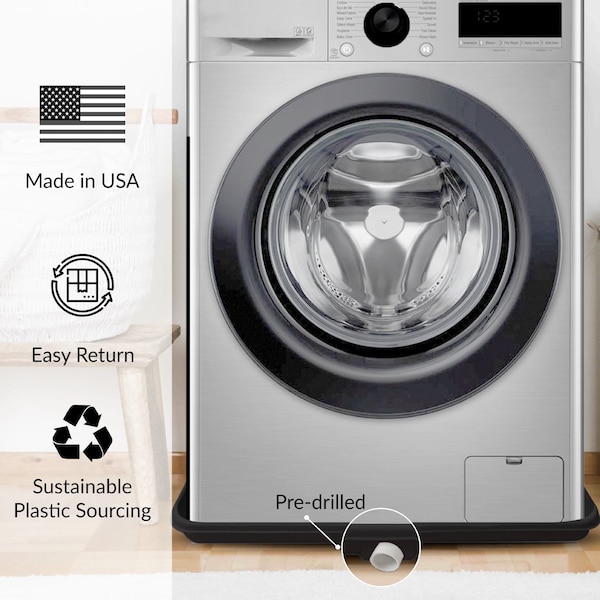 American Built Pro Washing Machine Pan, 30 in x 28 in, Durable HDPE Plastic, Black, Predrilled w Drain Hose Adapter - WMSP-B1DRL