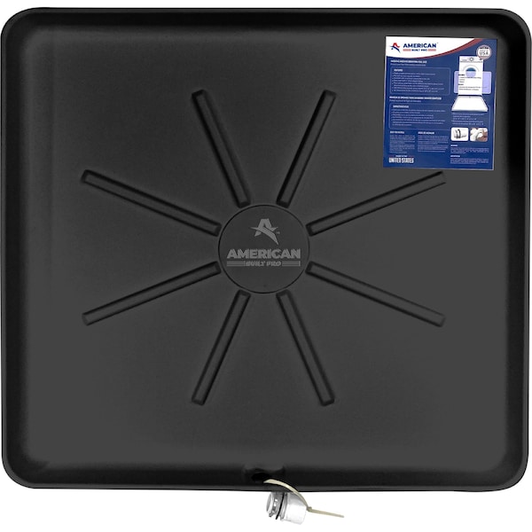 American Built Pro Washing Machine Pan, 30 in x 28 in, Durable HDPE Plastic, Black, Predrilled w Drain Hose Adapter - WMSP-B1DRL