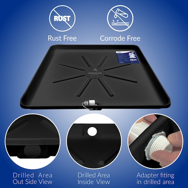 American Built Pro Washing Machine Pan, 30 in x 28 in, Durable HDPE Plastic, Black, Predrilled w Drain Hose Adapter - WMSP-B1DRL