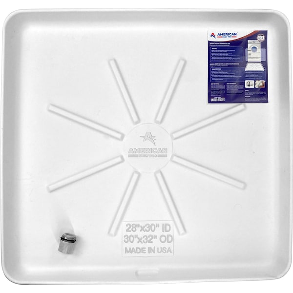 American Built Pro Washing Machine Pan, 30 in x 28 in Durable HDPE Plastic, White, Undrilled w Drain Hose Adapter - WMSP-1UND