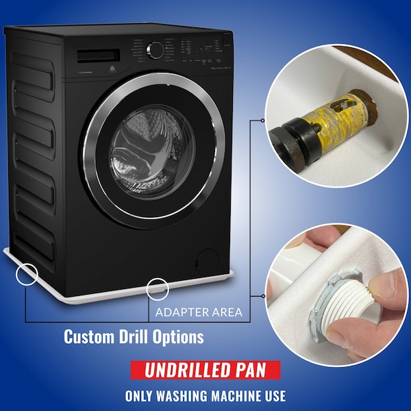 American Built Pro Washing Machine Pan, 30 in x 28 in Durable HDPE Plastic, White, Undrilled w Drain Hose Adapter - WMSP-1UND