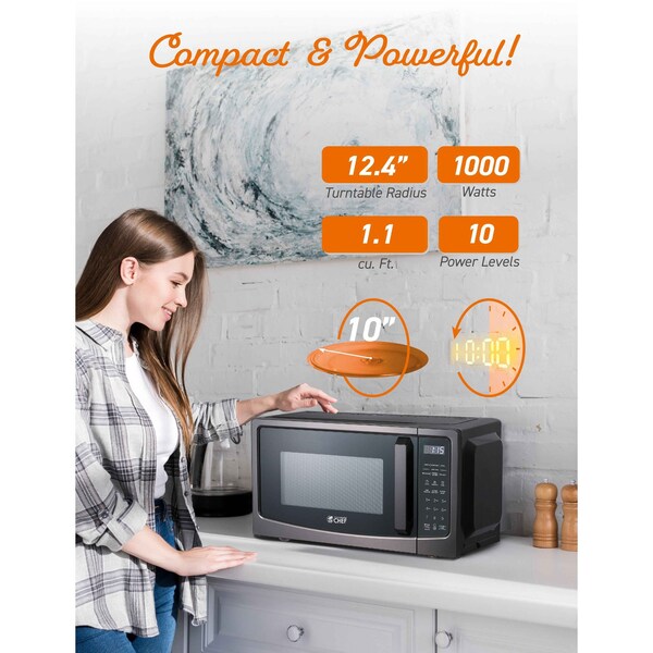 Commercial Chef 1.1 Cu Ft Microwave with 10 Power Levels, Microwave 1000W with Pull Handle Door - CHM11GBS
