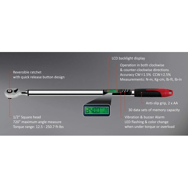 Acdelco 1/2" Angle Digital Torque Wrench 12.5 to 250 ft-lbs ARM303-4A - ARM303-4A-340
