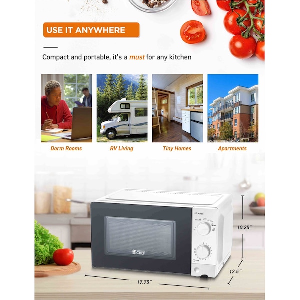 Commercial Chef Counter Top Microwave, 0.6 Cubic Feet, White - CHM660W