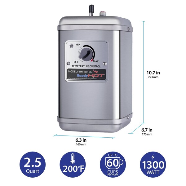 Ready Hot Compact Hot Water Dispenser, Manual Temperature Control, Tank Only - 40-RH-150-SS