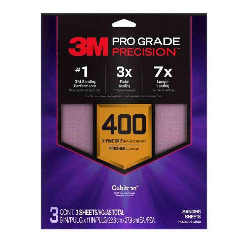 Hoja de lijado de Grano 400 de alta precisión Pro Grade de 3M de 9 pulgadas x 11 pulgadas con respaldo antideslizante para lijado más rápido (paquete de 3) - SHR400-PGP-3T