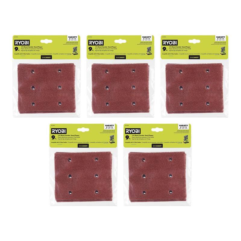 Juego de surtido de papel de lija de 45 piezas para lámina de 1/4 de RYOBI - 80, 120 y 220 granos - A19901-5