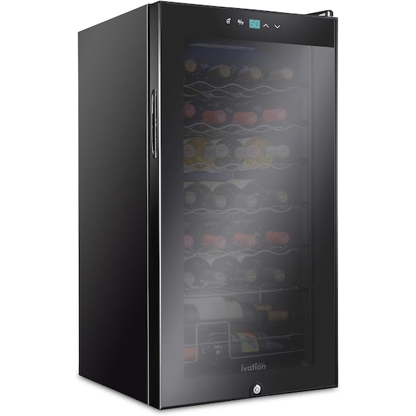 Ivation 28 Bottle Compressor Wine Refrigerator, Freestanding Wine Cooler with Lock, Black - IVFWCC281LB