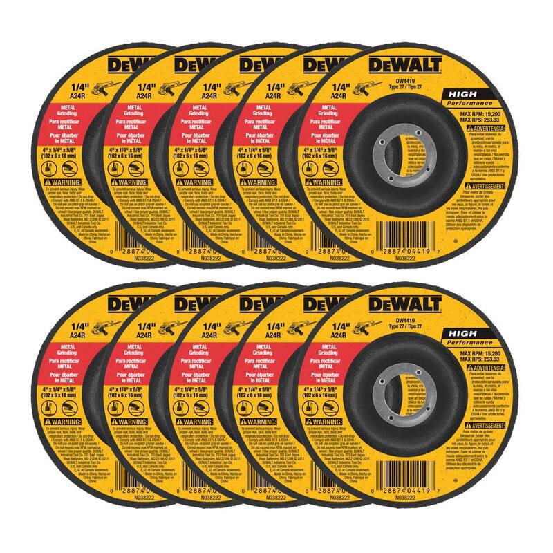 Rueda de esmerilado de metal para uso general DEWALT de 4 pulgadas x 1/4 pulgadas x 5/8 pulgadas (paquete de 10) - DW4419X10