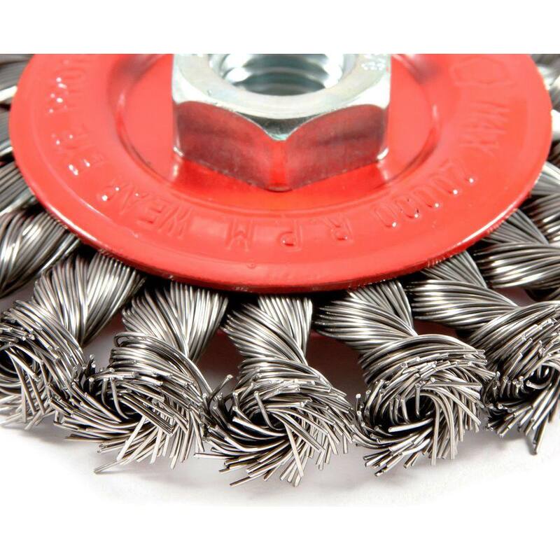 Cepillo de rueda de alambre retorcido con arbor roscado de 4 pulgadas x 5/8 pulgadas-11 - 72759
