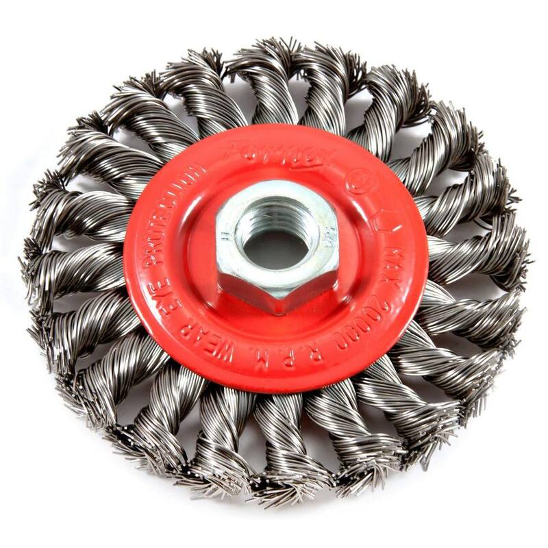 Cepillo de rueda de alambre retorcido con arbor roscado de 4 pulgadas x 5/8 pulgadas-11 - 72759