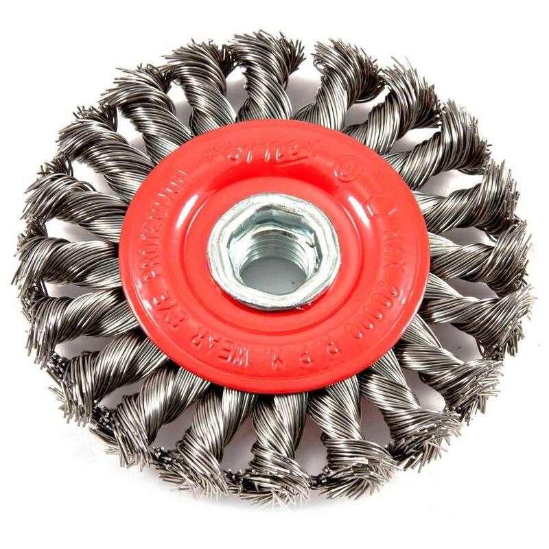 Cepillo de rueda de alambre retorcido con arbor roscado de 4 pulgadas x 5/8 pulgadas-11 - 72759