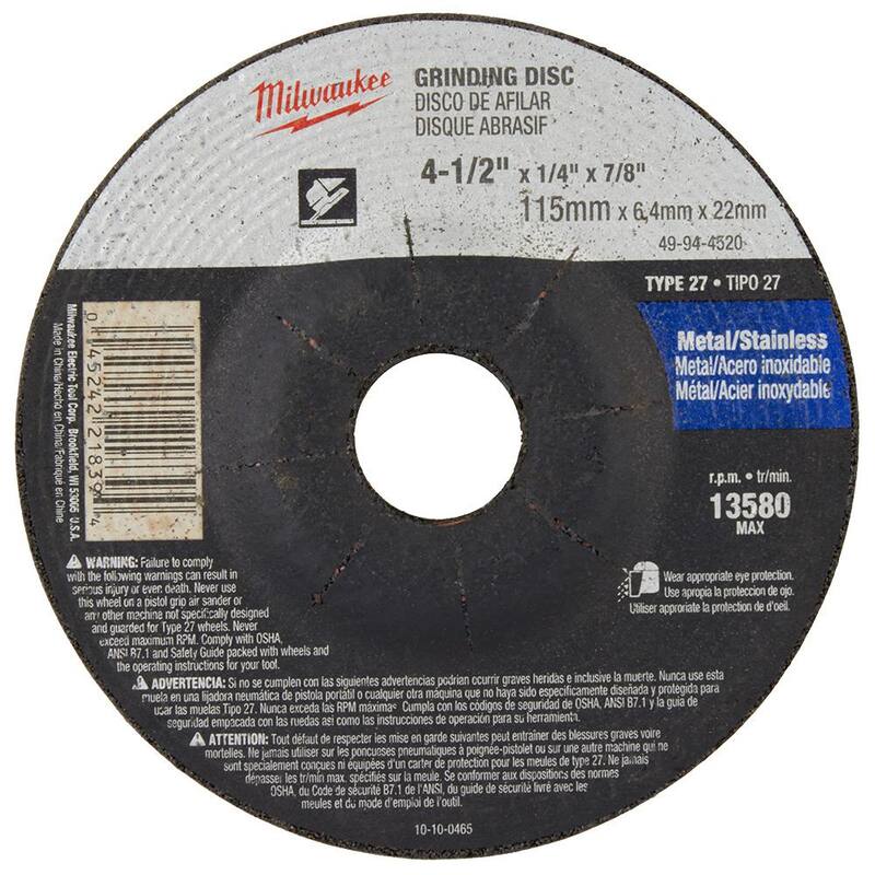 Rueda de rectificado Milwaukee de 4-1/2 pulgadas x 1/4 de pulgada x 7/8 de pulgada (Tipo 27) - 49-94-4520