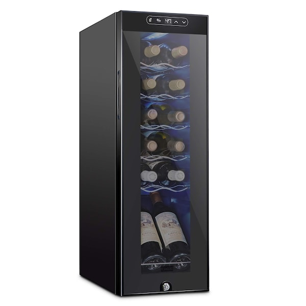 Schmck Schmecke 12 Bottle Compressor Wine Refrigerator, Freestanding Wine Cooler with Lock, Black - SHMFWCC121LB