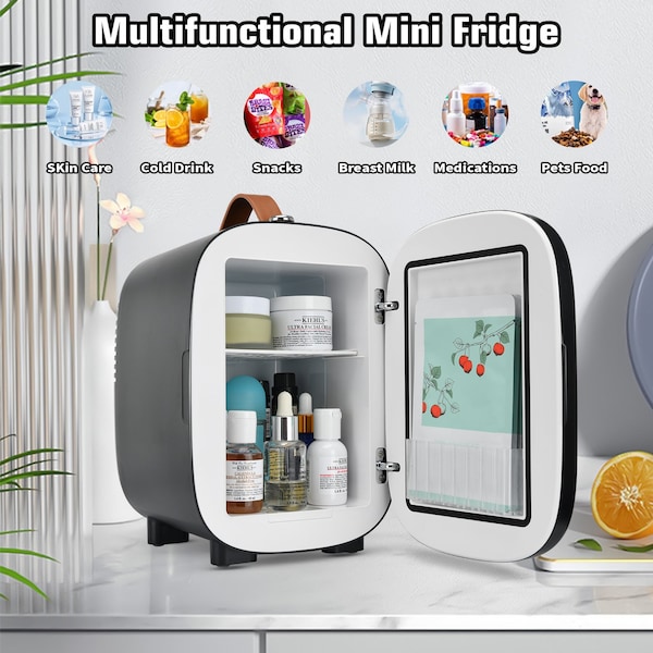 Hansburg Mini Fridge for Car Bedroom Skincare Cooler Warmer Portable 4 Liter/6 Can with 12v AC/DC/USB Black - MF-4-BLACK