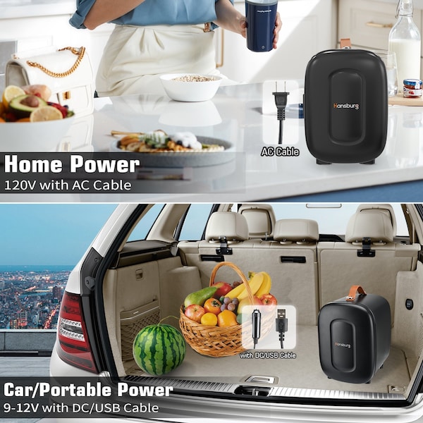 Hansburg Mini Fridge for Car Bedroom Skincare Cooler Warmer Portable 4 Liter/6 Can with 12v AC/DC/USB Black - MF-4-BLACK