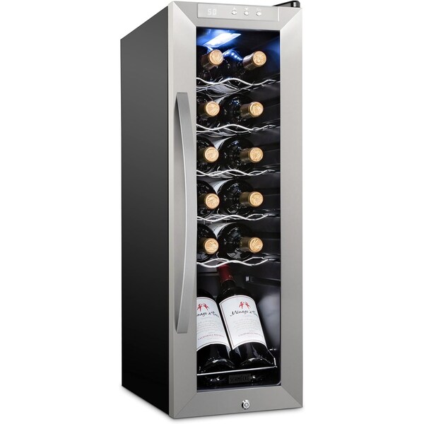 Schmck Schmecke 12 Bottle Compressor Wine Refrigerator, Freestanding Wine Cooler with Lock, Stainless Steel - SHMFWCC121LSS