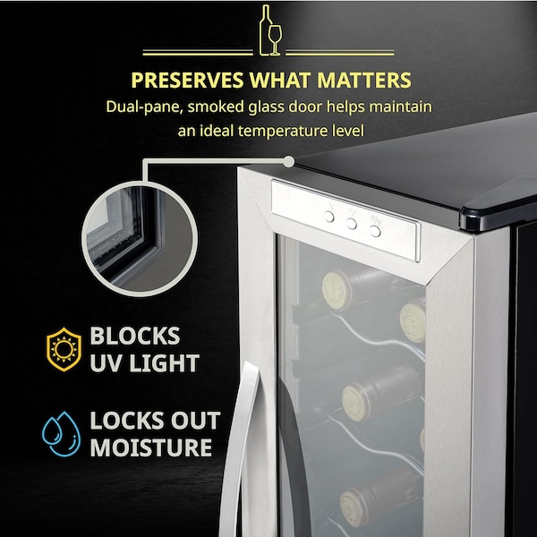 Schmck Schmecke 12 Bottle Compressor Wine Refrigerator, Freestanding Wine Cooler with Lock, Stainless Steel - SHMFWCC121LSS