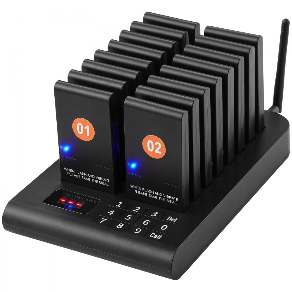 VEVOR Restaurant Pager System, Wireless 500m Long Range Lineup Waiting Queue Signal, Guest Customer Calling Beepers with Vibration & Flashing, 16 Buzzers for Food Truck, Church, Nursery, Hospital - DCPQCQDRCPFXLM9YZV1