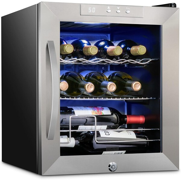 Schmck Schmecke 12 Bottle Compressor Wine Refrigerator, Cube Wine Cooler with Lock, Stainless Steel - SHMFWCC125LSS