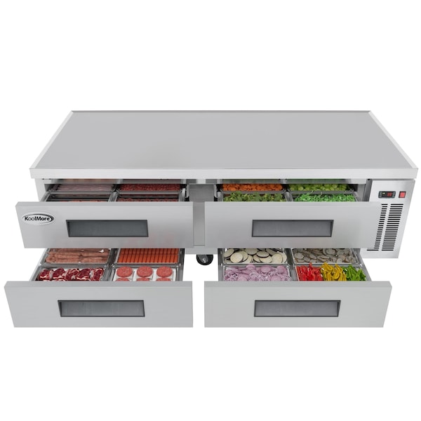 Koolmore 72 in. Commercial Chef Base Refrigerator Storage Cabinet, Pull-Out Drawers, Rolling Caster Wheels - KM-BR-724D