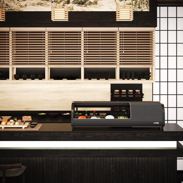 Koolmore 46 in. Glass Sushi Countertop Display Refrigerator with 4 Stainless Steel Trays in Black - KM-SR46-BK