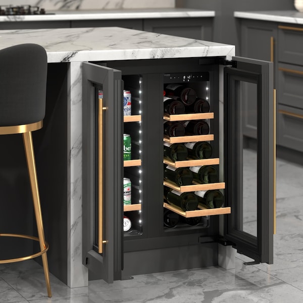 Koolmore Reserve 24 in. French Door Dual Zone Panel Ready Under-Counter Cooler with Wooden Shelves - KM-CWB24-WPR