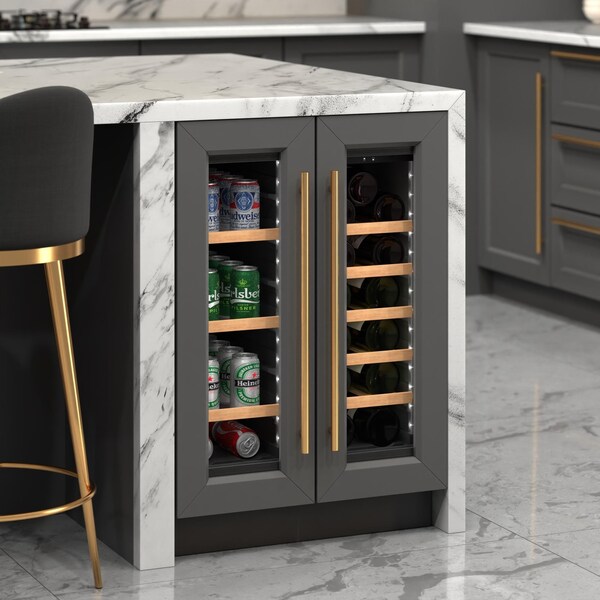 Koolmore Reserve 24 in. French Door Dual Zone Panel Ready Under-Counter Cooler with Wooden Shelves - KM-CWB24-WPR