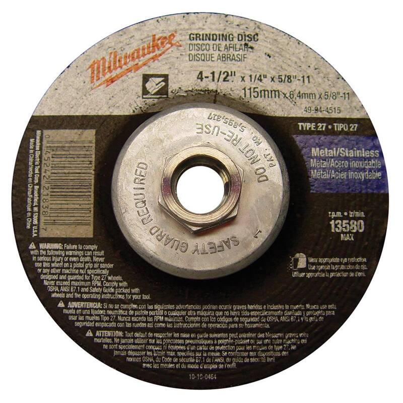 Rueda de esmerilado Milwaukee de 4-1/2 pulgadas x 1/4 de pulgada x 5/8-11 pulgadas (Tipo 27) - 49-94-4515