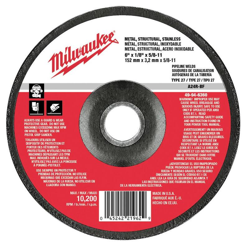 Rueda de esmerilado Milwaukee de 4-1/2 pulgadas x 1/8 pulgadas x 5/8-11 pulgadas (Tipo 27) - 49-94-4525