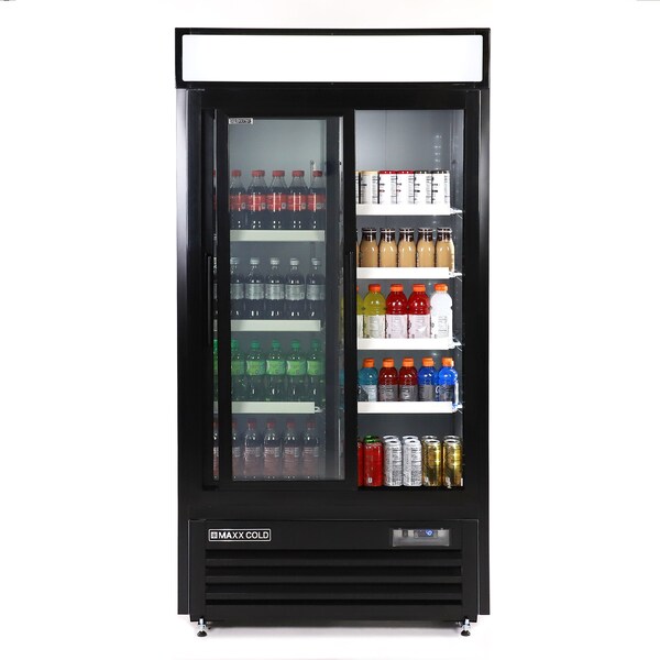 Maxx Cold Double Glass Door Narrow Width Merchandise Refrigerator, Sliding Door, 39.5 in.W, 36 cu. ft., in Black - MXM2-36RSBHC
