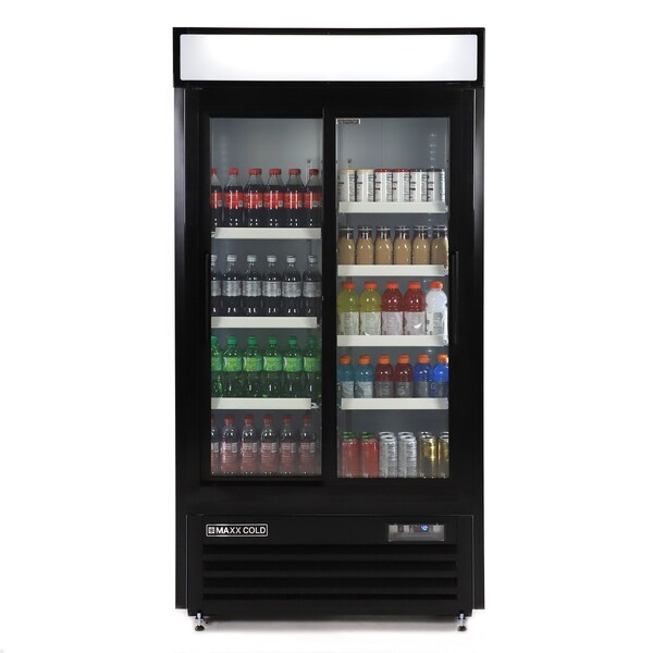 Maxx Cold Double Glass Door Narrow Width Merchandise Refrigerator, Sliding Door, 39.5 in.W, 36 cu. ft., in Black - MXM2-36RSBHC