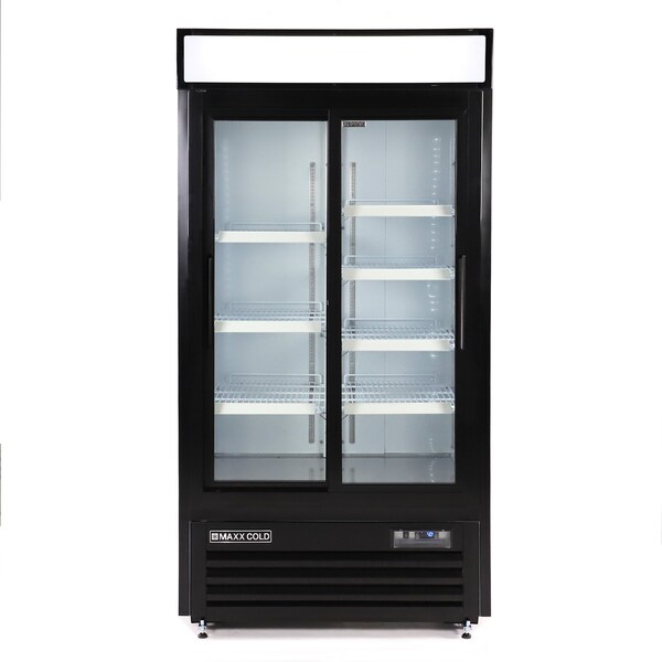 Maxx Cold Double Glass Door Narrow Width Merchandise Refrigerator, Sliding Door, 39.5 in.W, 36 cu. ft., in Black - MXM2-36RSBHC