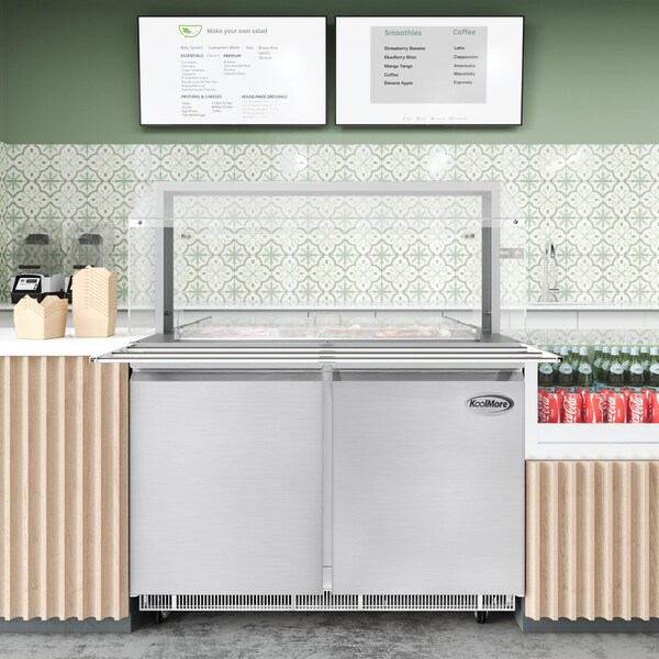 Koolmore 48 in. Commercial Refrigerated Prep Station with Sneeze Guard and Buffet Slide, 9 Pans with Covers - KM-RBT-48CSFG