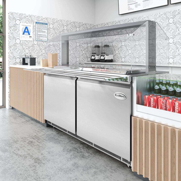 Koolmore 60 in. Commercial Refrigerated Prep Station with Sneeze Guard and Buffet Slide, 12 Pans with Covers - KM-RBT-60CSFG