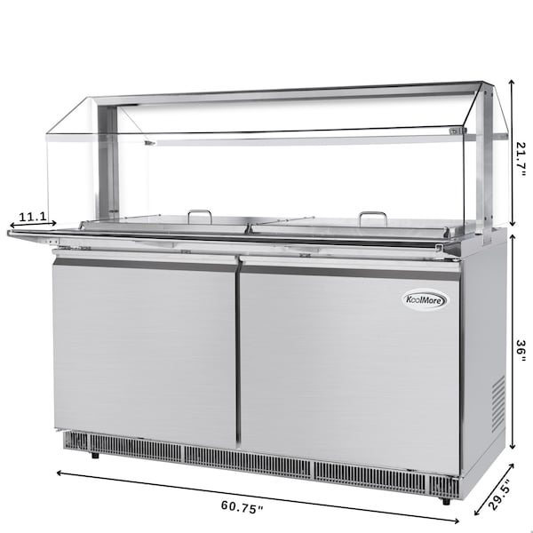 Koolmore 60 in. Commercial Refrigerated Prep Station with Sneeze Guard and Buffet Slide, 12 Pans with Covers - KM-RBT-60CSFG
