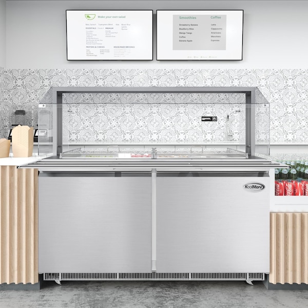 Koolmore 60 in. Commercial Refrigerated Prep Station with Sneeze Guard and Buffet Slide, 12 Pans with Covers - KM-RBT-60CSFG