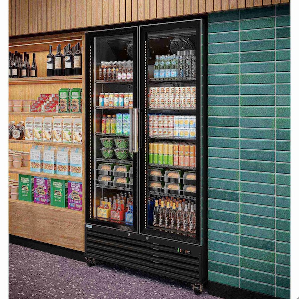 Koolmore 47 in. Two-Door Commercial Display Merchandiser Refrigerator in Sleek Black, 35 cu. ft. ETL Listed - KM-MDR-2GD-35CNL-BK