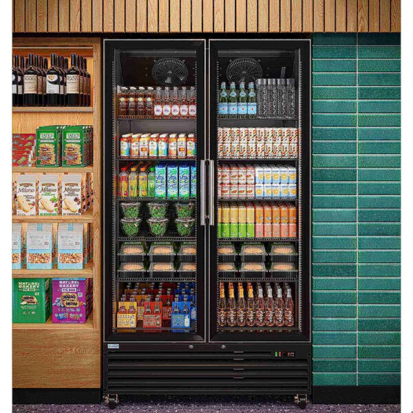 Koolmore 47 in. Two-Door Commercial Display Merchandiser Refrigerator in Sleek Black, 35 cu. ft. ETL Listed - KM-MDR-2GD-35CNL-BK