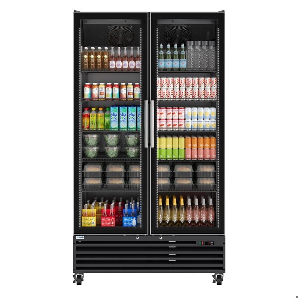 Koolmore 47 in. Two-Door Commercial Display Merchandiser Refrigerator in Sleek Black, 35 cu. ft. ETL Listed - KM-MDR-2GD-35CNL-BK