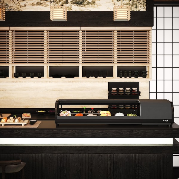 Koolmore 60 in. Glass Sushi Countertop Display Refrigerator with 6 Stainless Steel Trays in Black - KM-SR60-BK