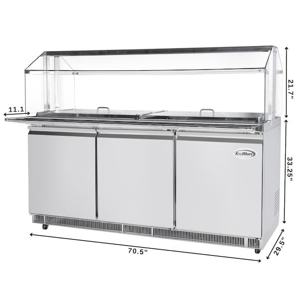 Koolmore 72 in. Commercial Refrigerated Prep Station with Sneeze Guard and Buffet Slide, 15 Pans Storage - KM-RBT-72CSFG
